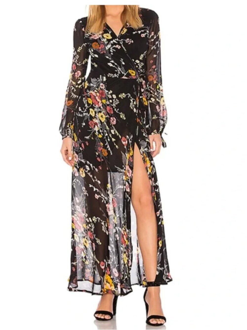 Band of Gypsies Flowy Floral Printed Long Sleeve Maxi Wrap Dress XS